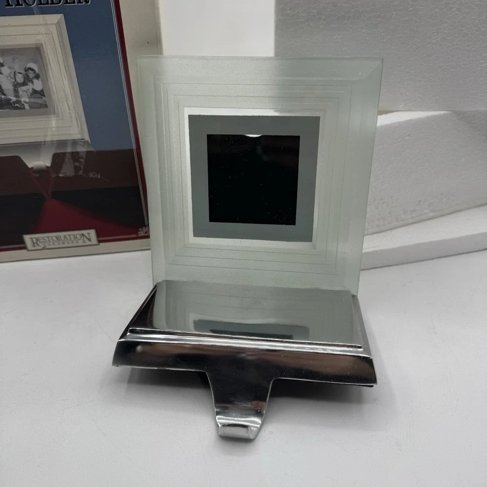Vtg RESTORATION HARDWARE Silvertone Bevel Glass Frame Stocking Hanger Holder 6